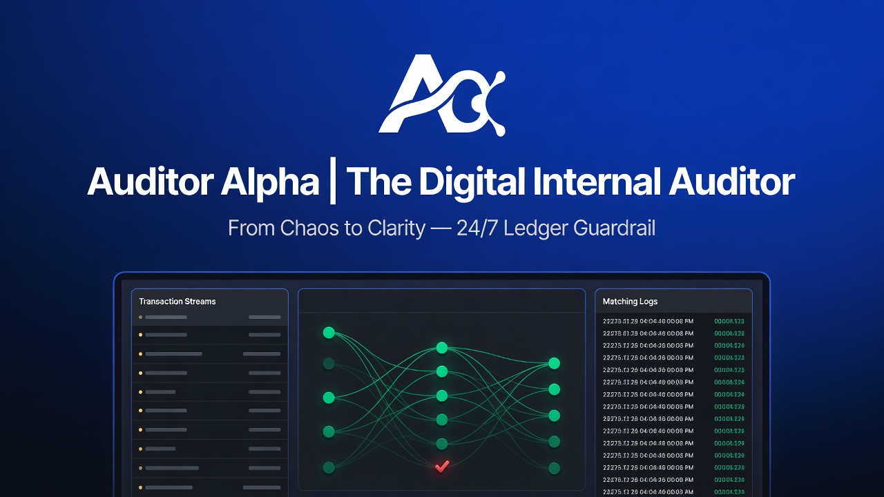 Auditor Alpha dashboard showing real-time transaction streams, automated matching, and audit-ready logs